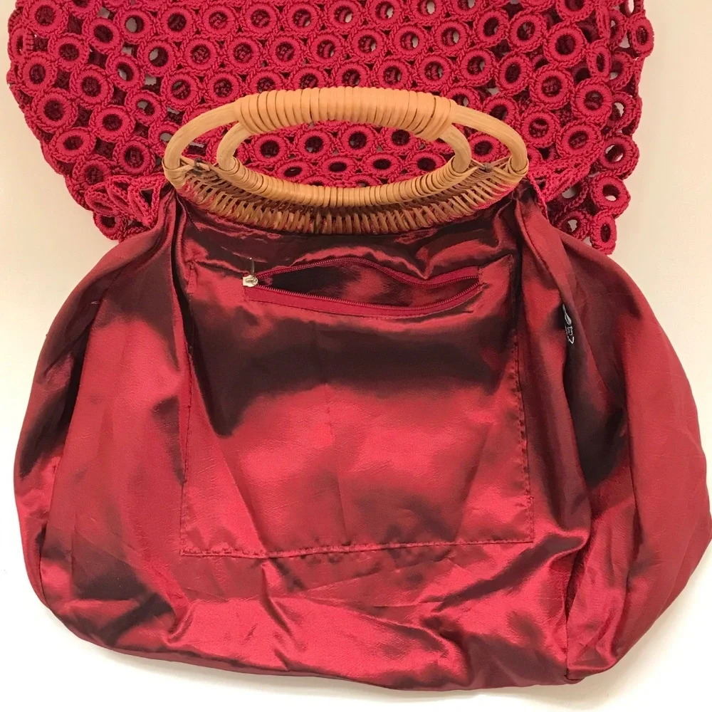 ENRICO VERSARI Italian Handcrafted Crochet & Rattan Satchel Red Bag EUC